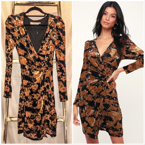 Astr Dresses & Skirts - Astr Lanita Black, Tan and Brown Floral Print Long Sleeve Velvet Dress